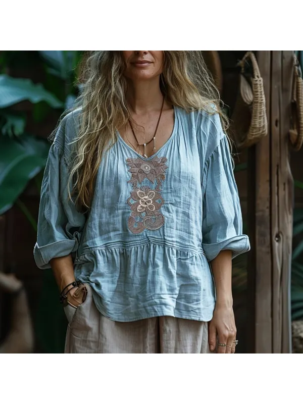 Women's Linen Bohemian Casual Simple Long-sleeved Shirt - Realyiyi.com 