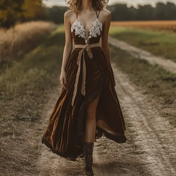 Women's Western Cowboy Brown Wrapped Chest Strap Lace Velvet Dress - Ootdyouth.com 
