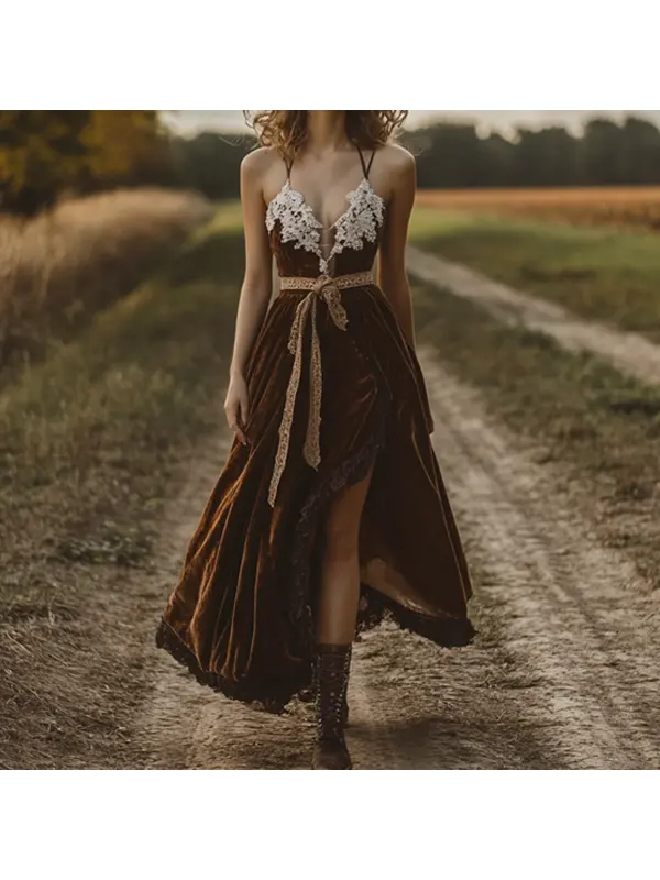 Women's Western Cowboy Brown Wrapped Chest Strap Lace Velvet Dress - Viewbena.com 