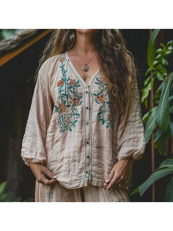 Women's Bohemian Flower Breathable Long-sleeved Shirt - Anrider.com 