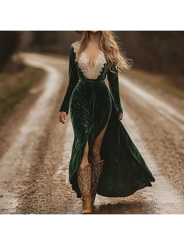 Women's Western Cowboy Emerald Green Chest Strap Lace Bohemian Style Velvet Dress - Realyiyishop.com 