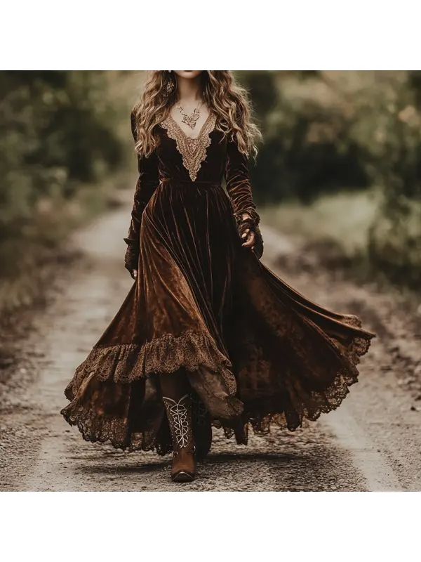 Women's Western Cowboy Brown Lace V-neck Velvet Dress - Viewbena.com 