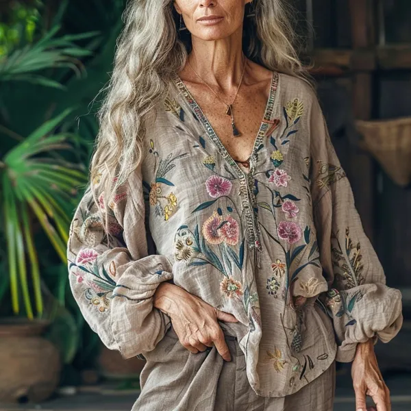 Women's Linen Bohemian Ethnic Floral Casual Loose Long-sleeved Shirt - Trisunshine.com 