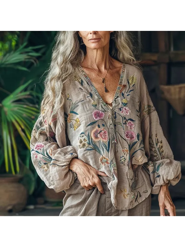 Women's Linen Bohemian Ethnic Floral Casual Loose Long-sleeved Shirt - Realyiyi.com 