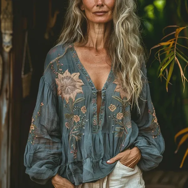 Women's Linen Bohemian Ethnic Simple Casual Loose Floral Shirt - Trisunshine.com 