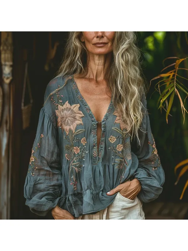 Women's Linen Bohemian Ethnic Simple Casual Loose Floral Shirt - Realyiyi.com 