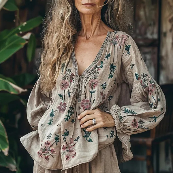 Women's Linen Bohemian Ethnic Floral Casual Loose Shirt - Trisunshine.com 