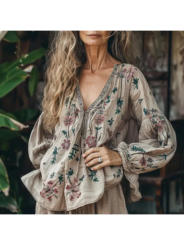 Women's Linen Bohemian Ethnic Floral Casual Loose Shirt - Viewbena.com 