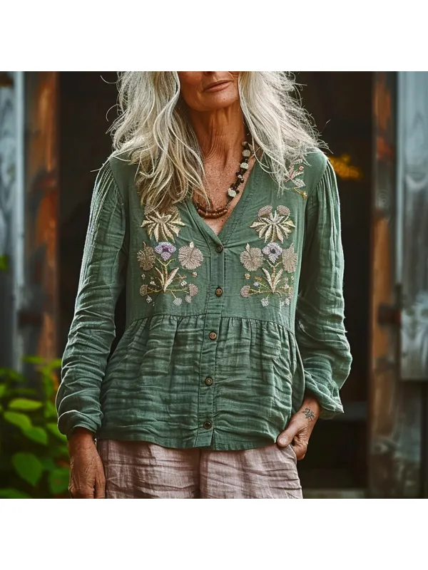 Women's Linen Bohemian V-neck Loose Long-sleeved Shirt - Realyiyi.com 