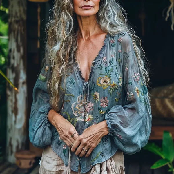 Women's Linen Bohemian Ethnic Simple Casual Floral Shirt - Trisunshine.com 