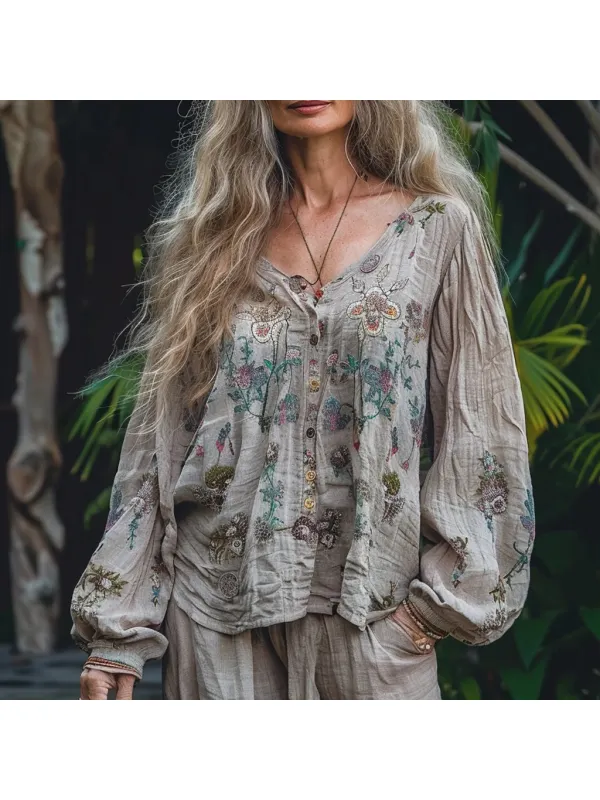 Women's Bohemian Ethnic Floral V-necka Casual Loose Shirt - Realyiyi.com 