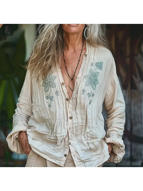 Women's Linen Ethnic Floral Casual Simple V-necka Loose Shirt - Anrider.com 