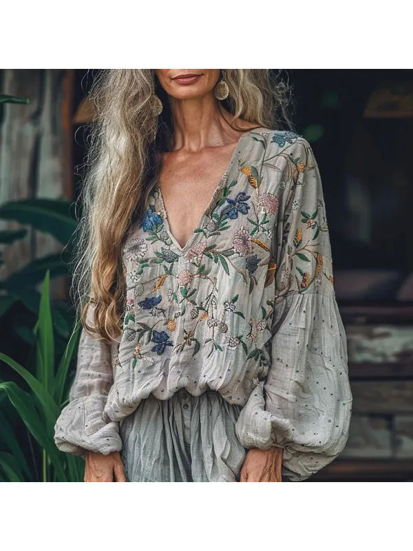 Women's Linen Bohemian Ethnic Floral Simple Casual Loose Shirt - Viewbena.com 