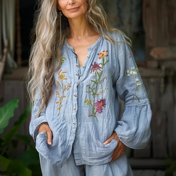 Women's Linen Ethnic Floral Casual V-necka Simple Loose Shirt - Trisunshine.com 