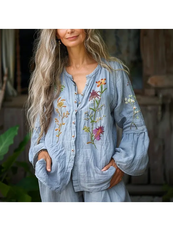 Women's Linen Ethnic Floral Casual V-necka Simple Loose Shirt - Realyiyi.com 