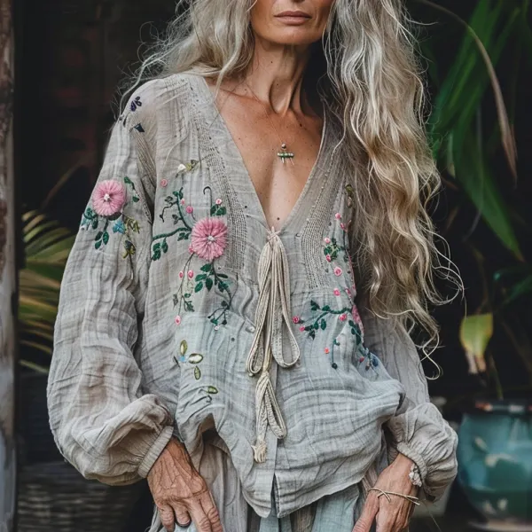 Women's Linen Bohemian V-neck Long-sleeved Shirt - Trisunshine.com 