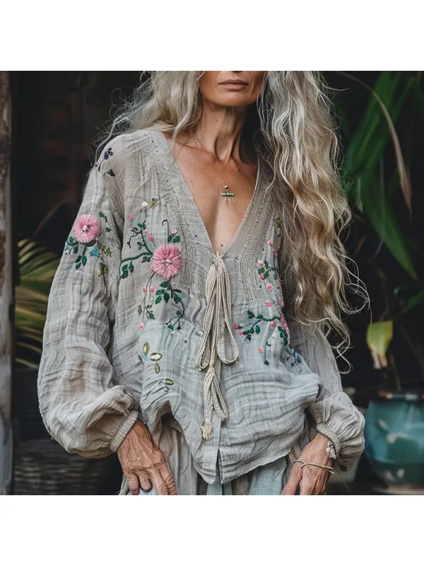 Women's Linen Bohemian V-neck Long-sleeved Shirt - Viewbena.com 