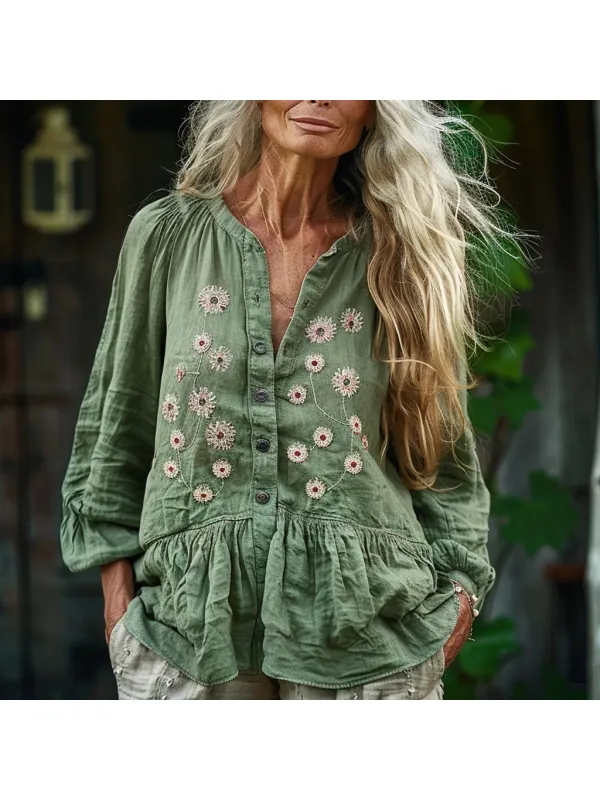 Women's Linen Casual Mini Ethnic Floral Loose Shirt - Cominbuy.com 