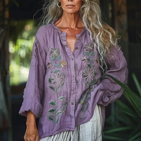 Women's Linen Bohemian Ethnic Floral Simple Shirt - Trisunshine.com 