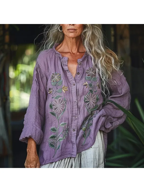 Women's Linen Bohemian Ethnic Floral Simple Shirt - Hoplady.chimpone.com 