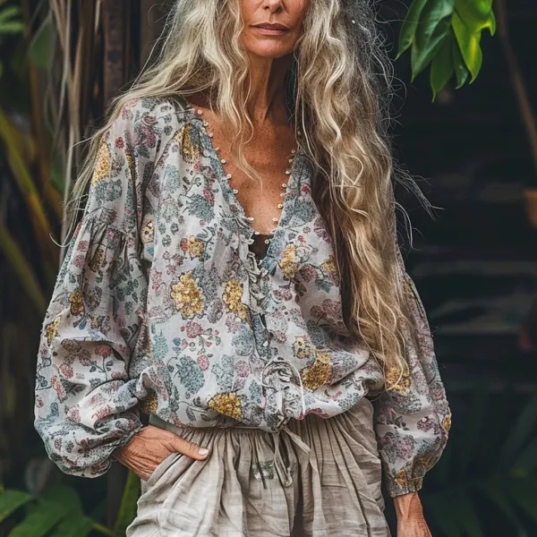 Women's Linen Bohemian Ethnic Floral V-necka Casual Loose Shirt - Trisunshine.com 