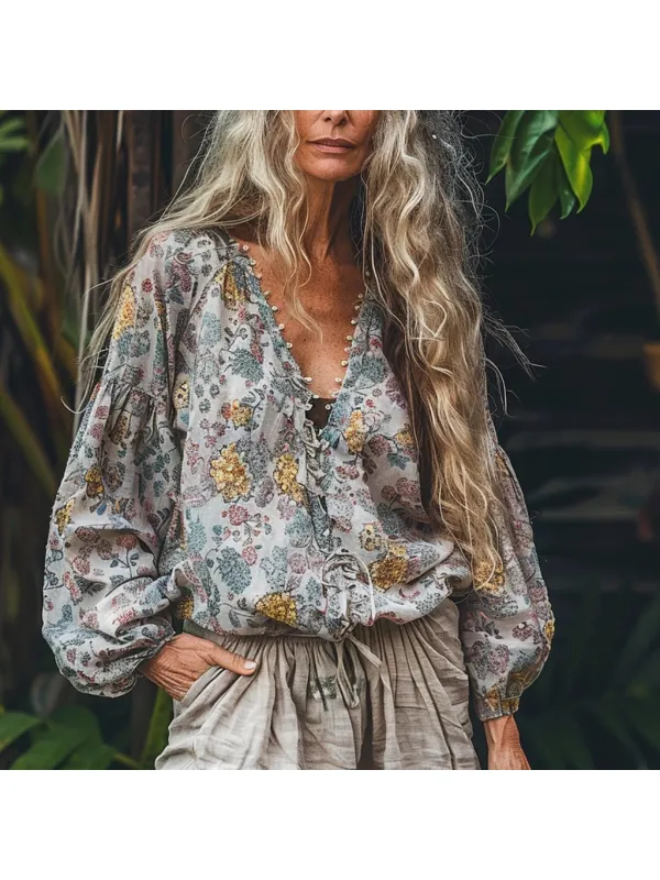 Women's Linen Bohemian Ethnic Floral V-necka Casual Loose Shirt - Realyiyi.com 