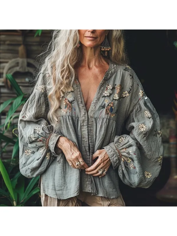 Women's Linen Bohemian V-neck Casual Loose Long-sleeved Shirt - Viewbena.com 