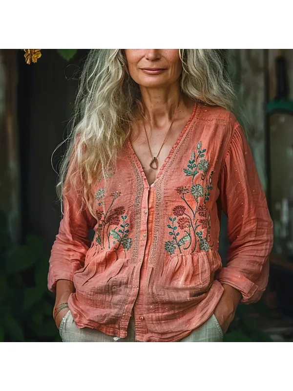 Women's Ethnic Floral V-necka Loose Casual Simple Shirt - Realyiyi.com 