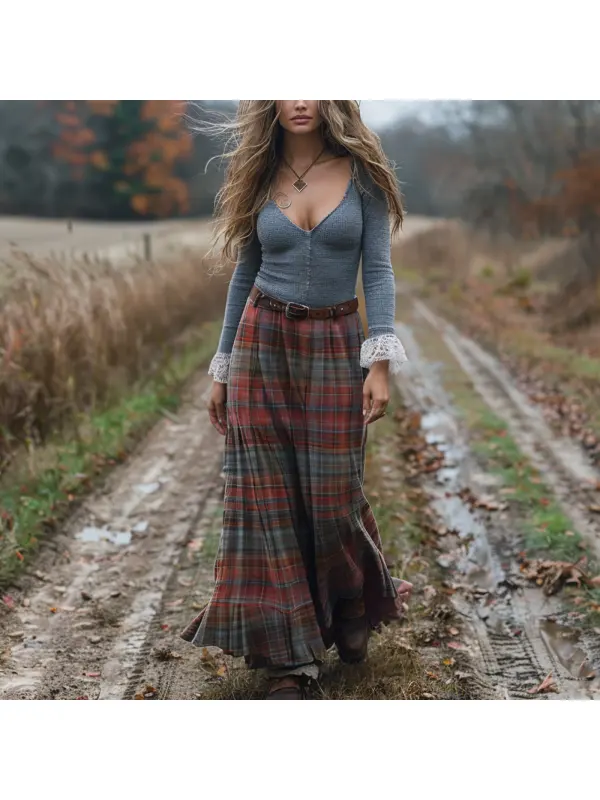 Women's Retro Plaid V-neck Long-sleeved Long Skirt Pastoral Style Dress - Realyiyi.com 