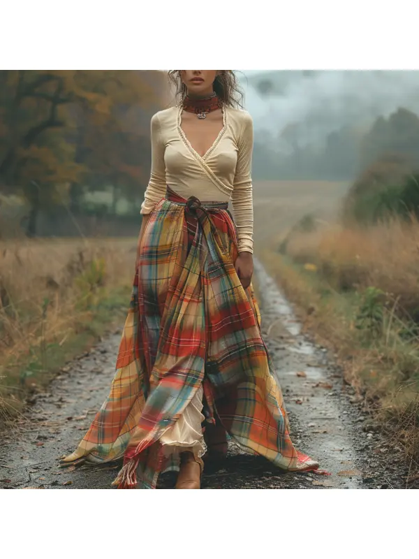 Women's Retro Plaid V-neck Long-sleeved Long Skirt Pastoral Style Dress - Realyiyishop.com 