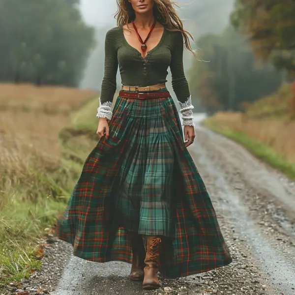 Women's Retro Plaid V-neck Long-sleeved Long Skirt Pastoral Style Dress - Ootdyouth.com 