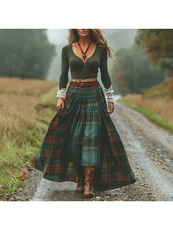 Women's Retro Plaid V-neck Long-sleeved Long Skirt Pastoral Style Dress - Anrider.com 