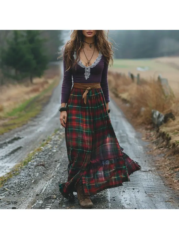 Women's Retro Plaid V-neck Long-sleeved Long Skirt Pastoral Style Dress - Realyiyishop.com 