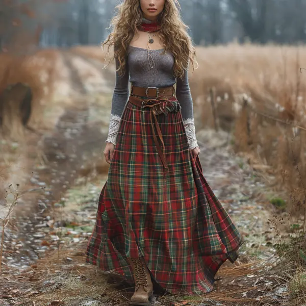 Women's Retro Plaid Long-sleeved Long Skirt Pastoral Style Dress - Spiretime.com 