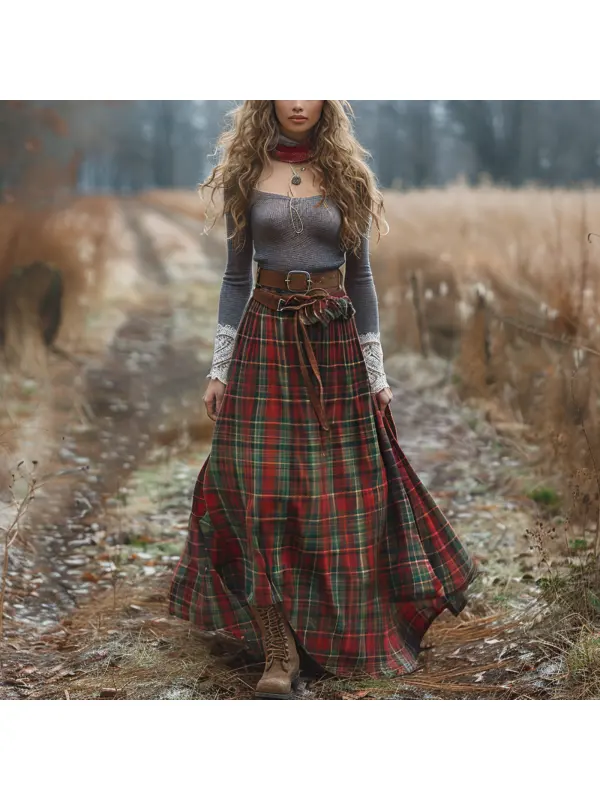 Women's Retro Plaid Long-sleeved Long Skirt Pastoral Style Dress - Realyiyishop.com 