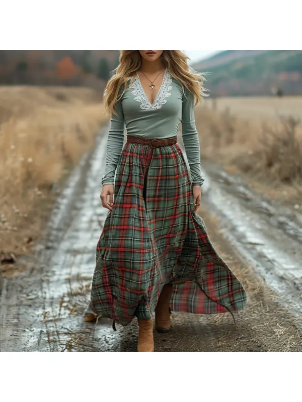 Women's Retro Plaid V-neck Long-sleeved Long Skirt Pastoral Style Dress - Cominbuy.com 