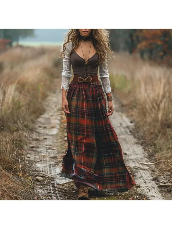 Women's Retro Plaid V-neck Long-sleeved Long Skirt Pastoral Style Dress - Realyiyi.com 