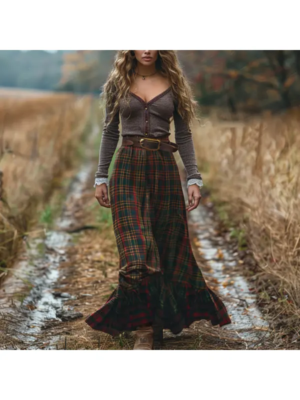 Women's Retro Plaid V-neck Long-sleeved Long Skirt Pastoral Style Dress - Cominbuyshop.com 