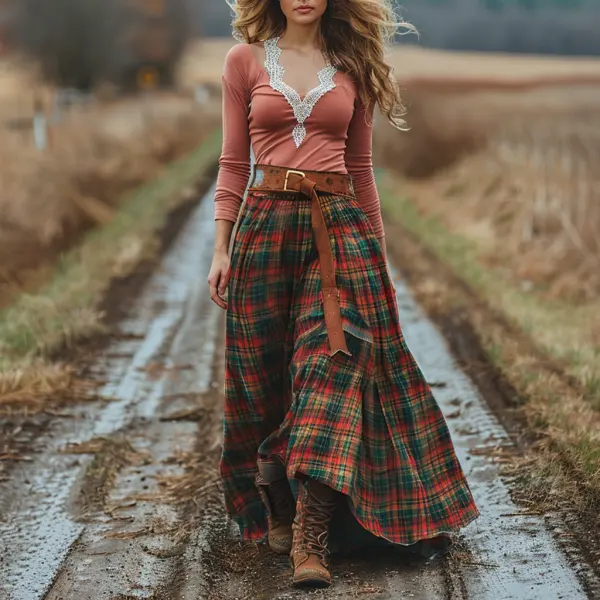 Women's Retro Plaid V-neck Long-sleeved Long Skirt Pastoral Style Dress - Ootdyouth.com 