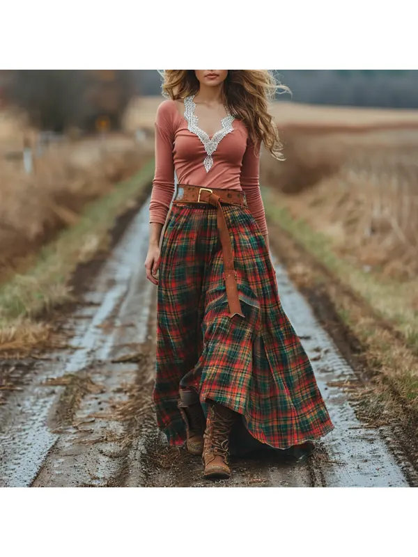 Women's Retro Plaid V-neck Long-sleeved Long Skirt Pastoral Style Dress - Cominbuy.com 