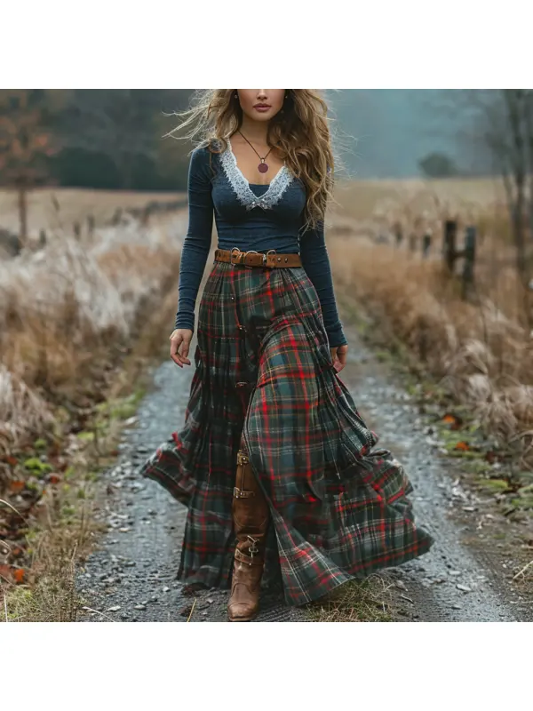 Women's Retro Plaid V-neck Long-sleeved Long Skirt Pastoral Style Dress - Realyiyi.com 