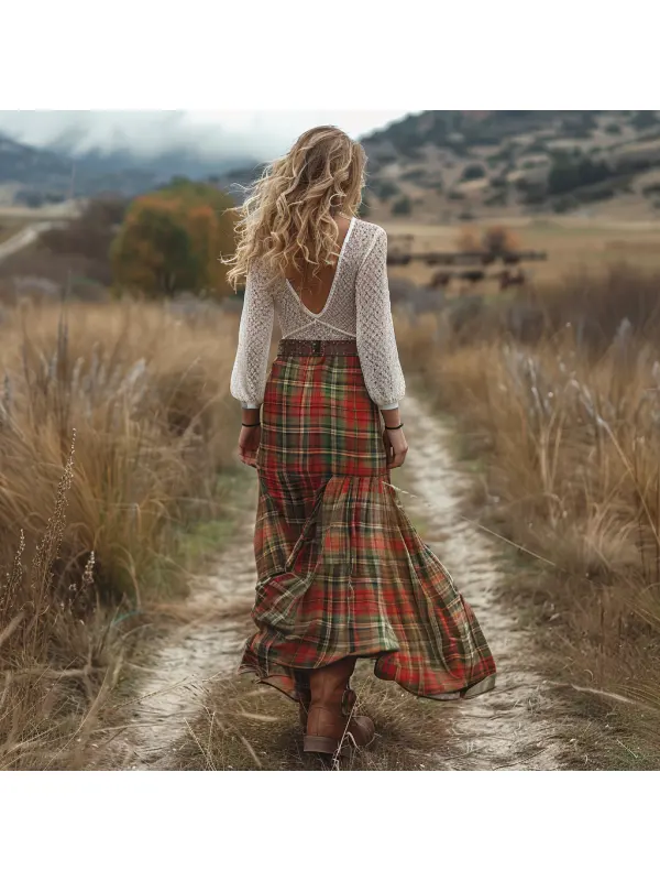 Women's Retro Plaid Long-sleeved Long Skirt Pastoral Style Dress - Geocici.com 