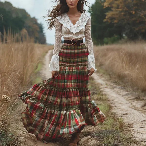 Women's Retro Plaid V-neck Long-sleeved Long Skirt Pastoral Style Dress - Ootdyouth.com 