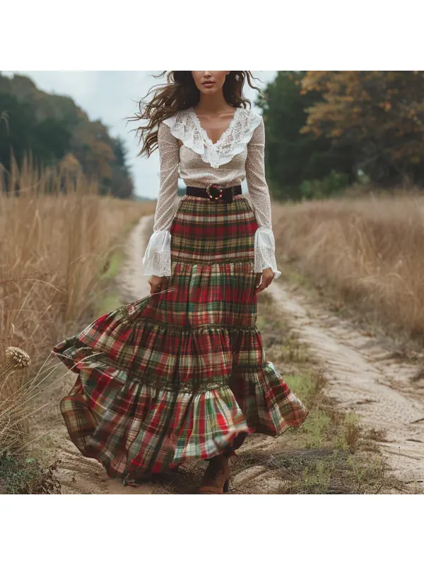 Women's Retro Plaid V-neck Long-sleeved Long Skirt Pastoral Style Dress - Realyiyi.com 