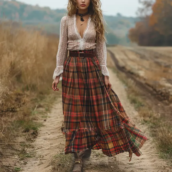 Women's Retro Plaid V-neck Long-sleeved Long Skirt Pastoral Style Dress - Ootdyouth.com 