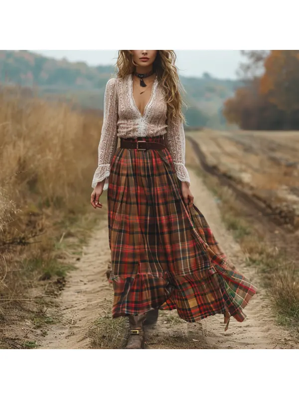 Women's Retro Plaid V-neck Long-sleeved Long Skirt Pastoral Style Dress - Viewbena.com 