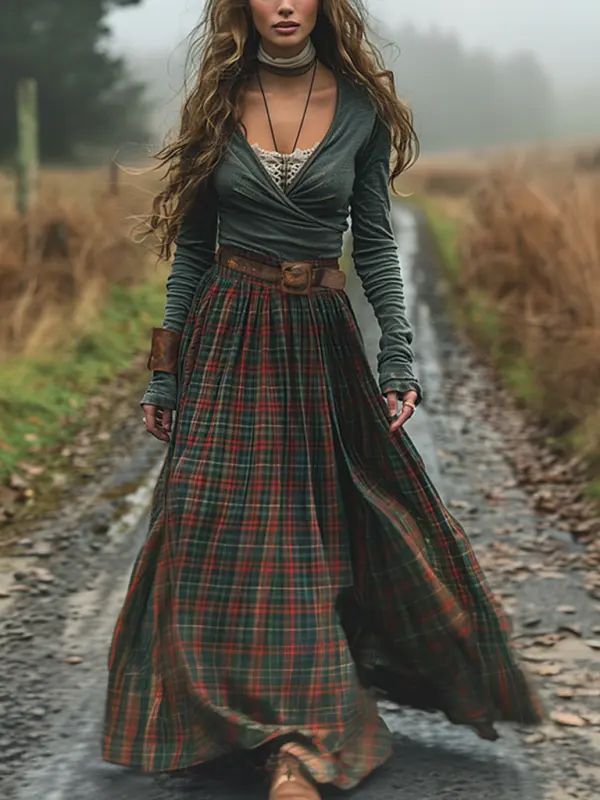 Women's Retro Plaid V-neck Long-sleeved Long Skirt Pastoral Style Dress - Menwyx.com 