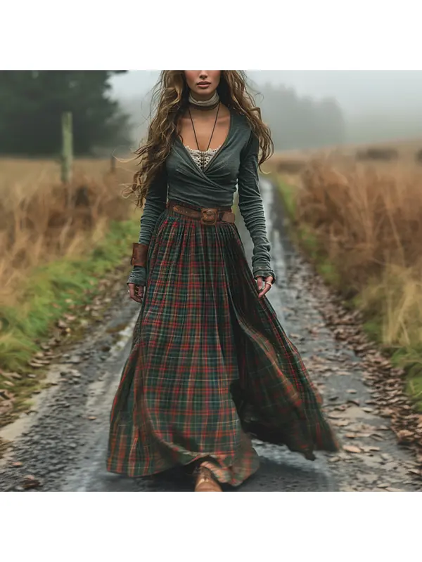 Women's Retro Plaid V-neck Long-sleeved Long Skirt Pastoral Style Dress - Anrider.com 