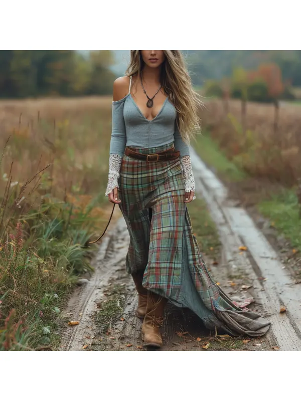 Women's Retro Plaid V-neck Long-sleeved Long Skirt Pastoral Style Dress - Timetomy.com 