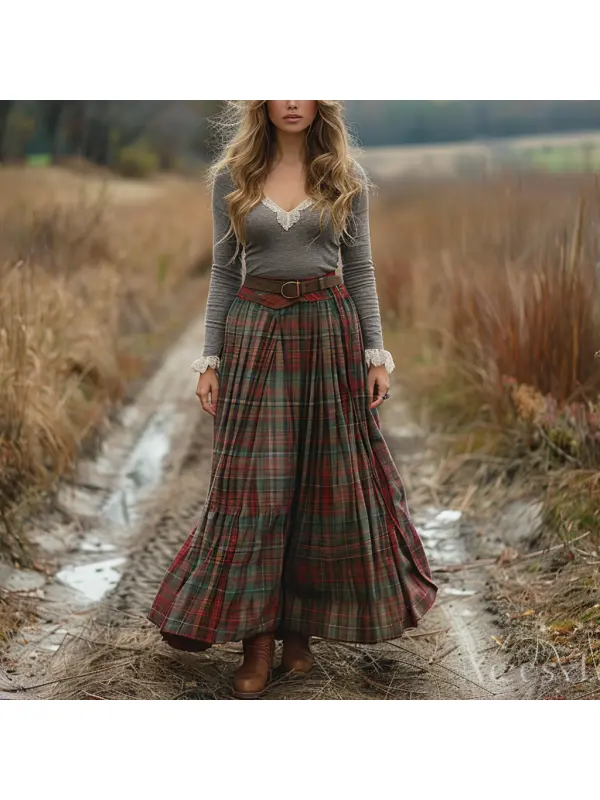 Women's Retro Plaid V-neck Long-sleeved Long Skirt Pastoral Style Dress - Geocici.com 